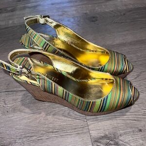 Nine West Multicolor Rainbow Cork Wedge Slingback Sandals with Gold Trim